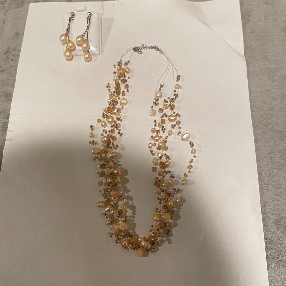 NEW Pink Gold Pearls Beaded multi layer necklace dangling earrings set - Picture 8 of 9
